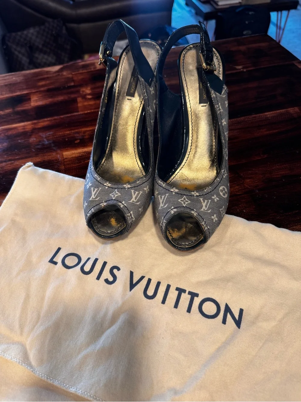 Louis Vuitton Gray Monogram Peep-Toe Slingback Heels - Picture 7 of 7